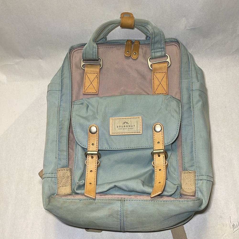 Doughnut Brand 14 inch Backpack, Blue & Purple with Tan Leather Straps